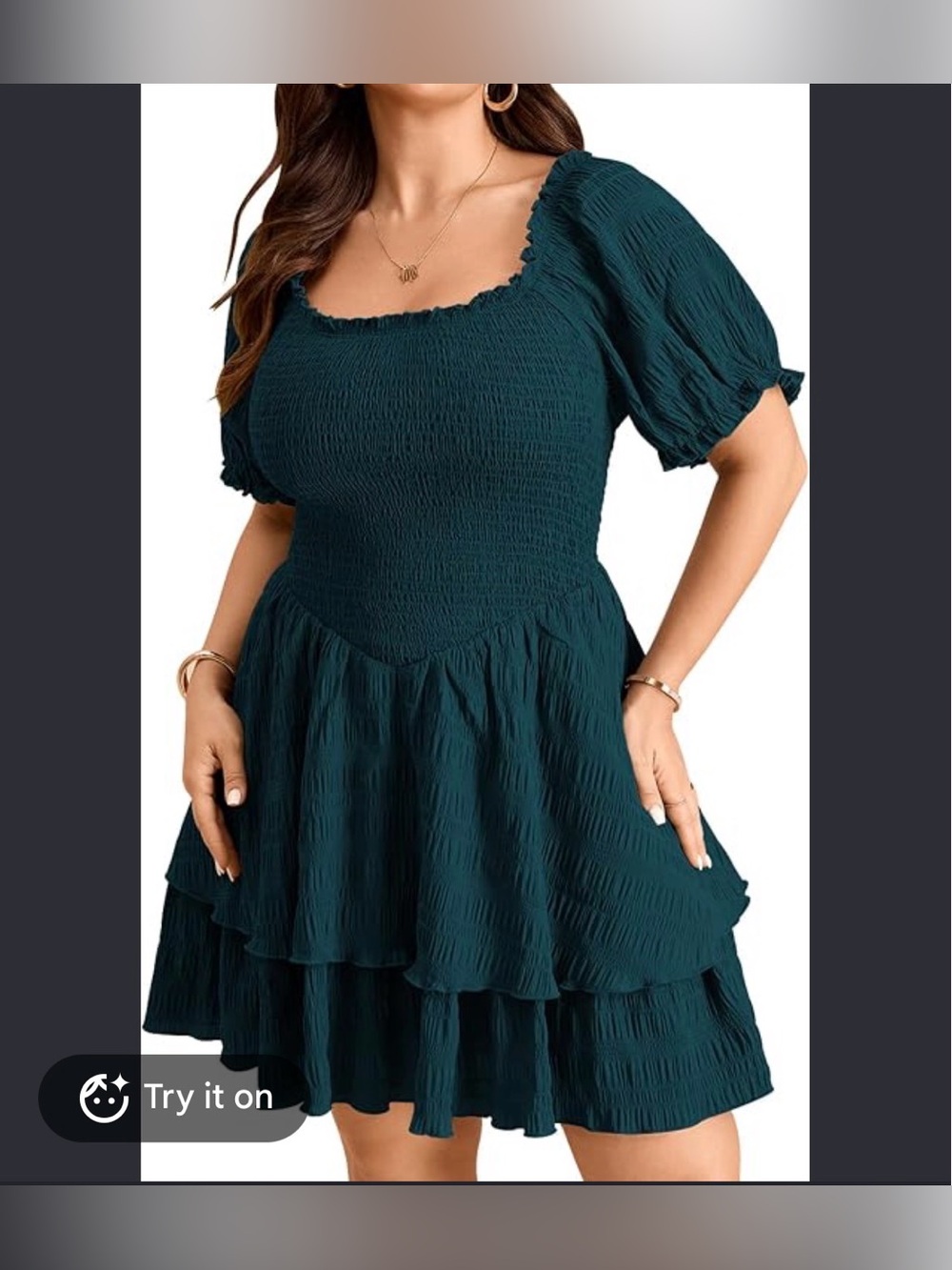 Smocked Square Neck Short Sleeve Tiered Dress - Deep Teal